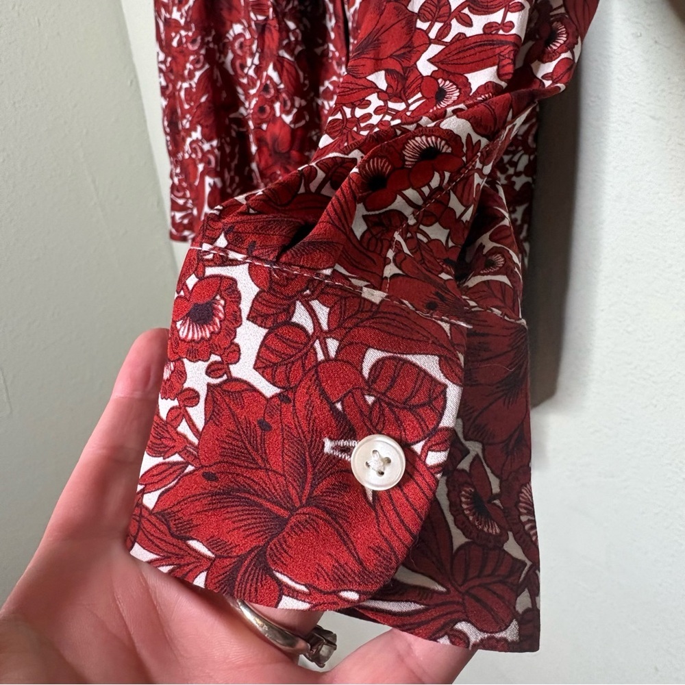 Ann Taylor Rust Orange and White Floral Blouse with Bow Collar Medium P - Picture 3 of 7